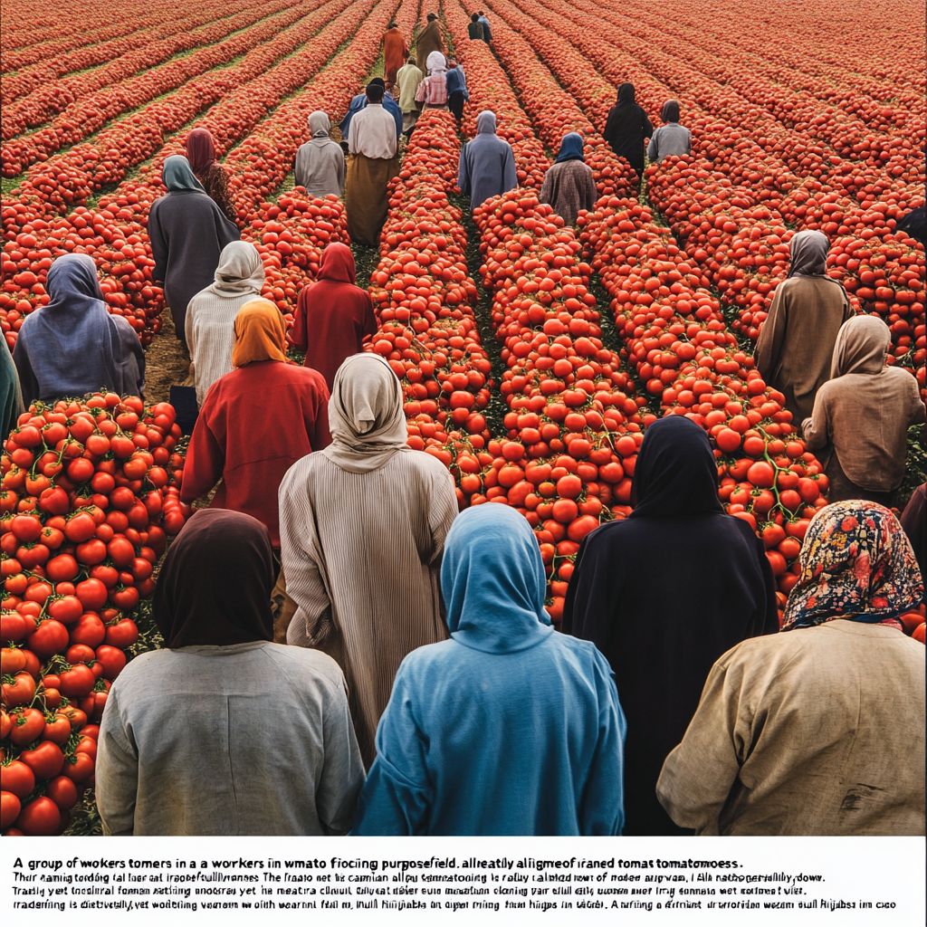 Workers in Iranian tomato field, moving down rows