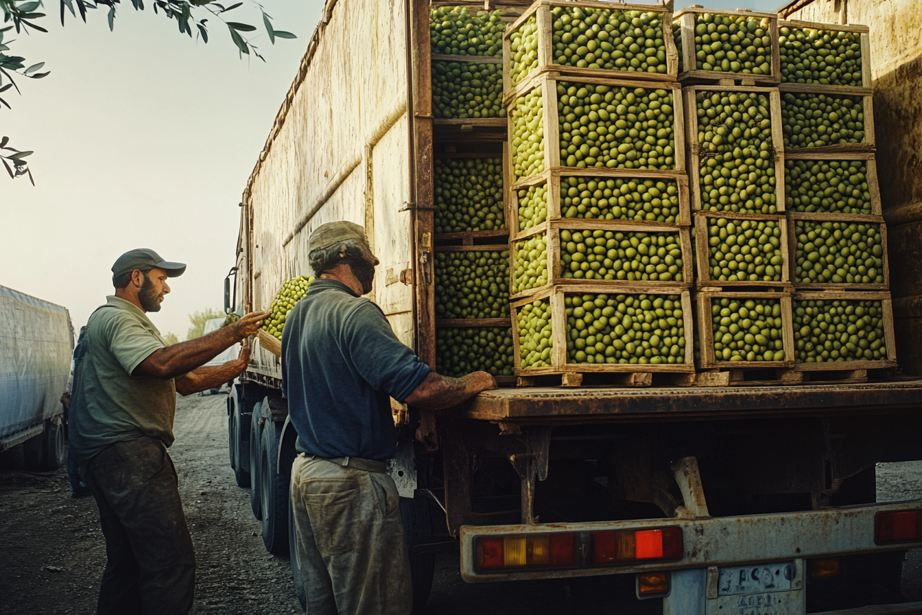 Workers load olives onto truck on sunny day.