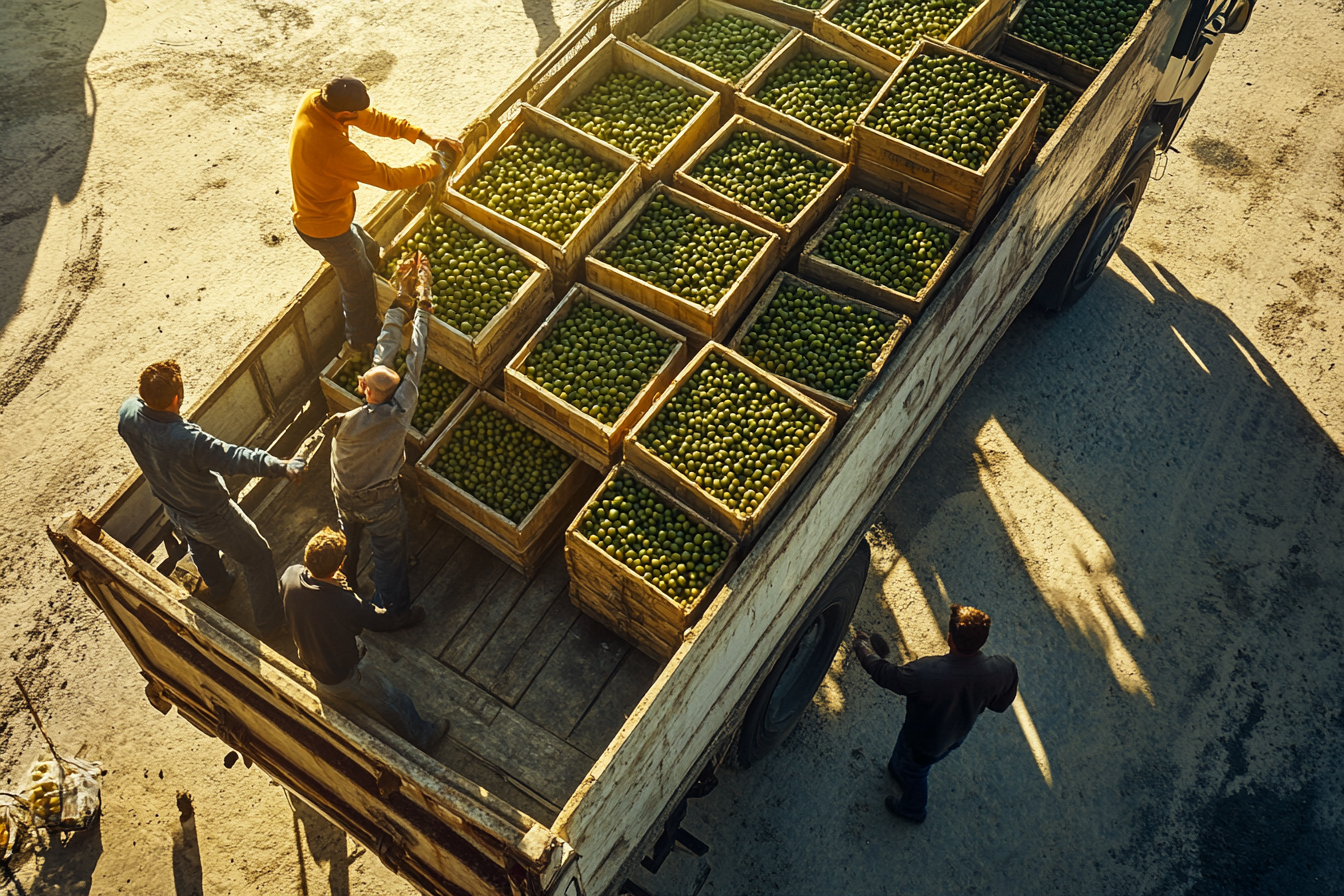 Workers loading fresh olives into truck: teamwork in action.