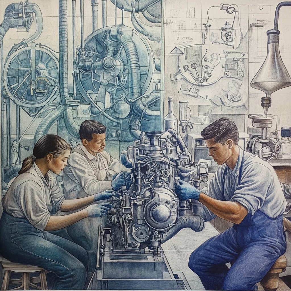 Workers watching engineer build engine with science symbols.