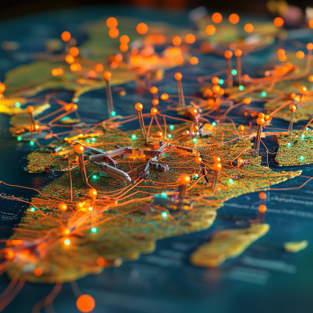 World map with airports and detailed flight paths