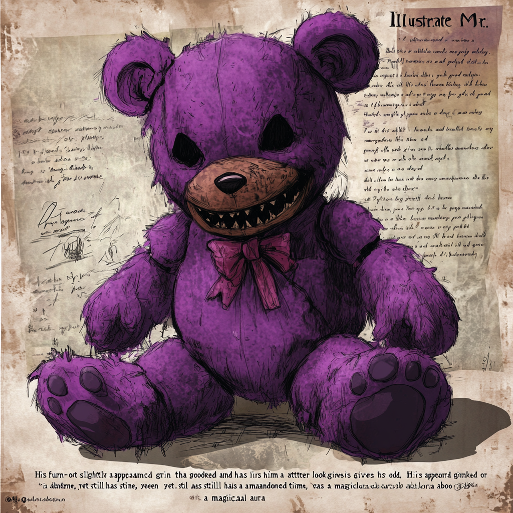 Worn-out purple teddy bear with sinister grin.