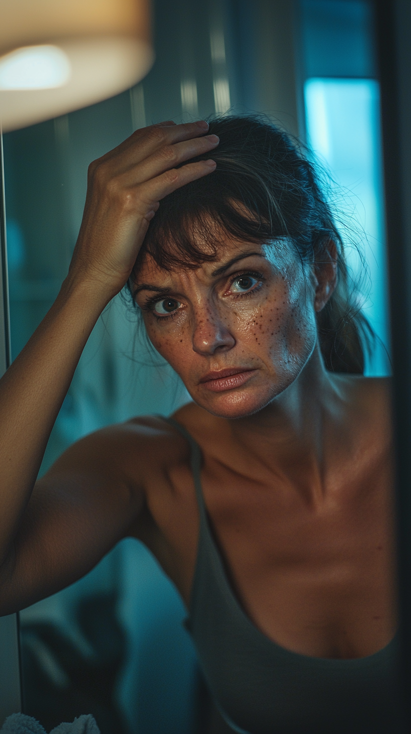 Worried woman examining spots on arm in the mirror.