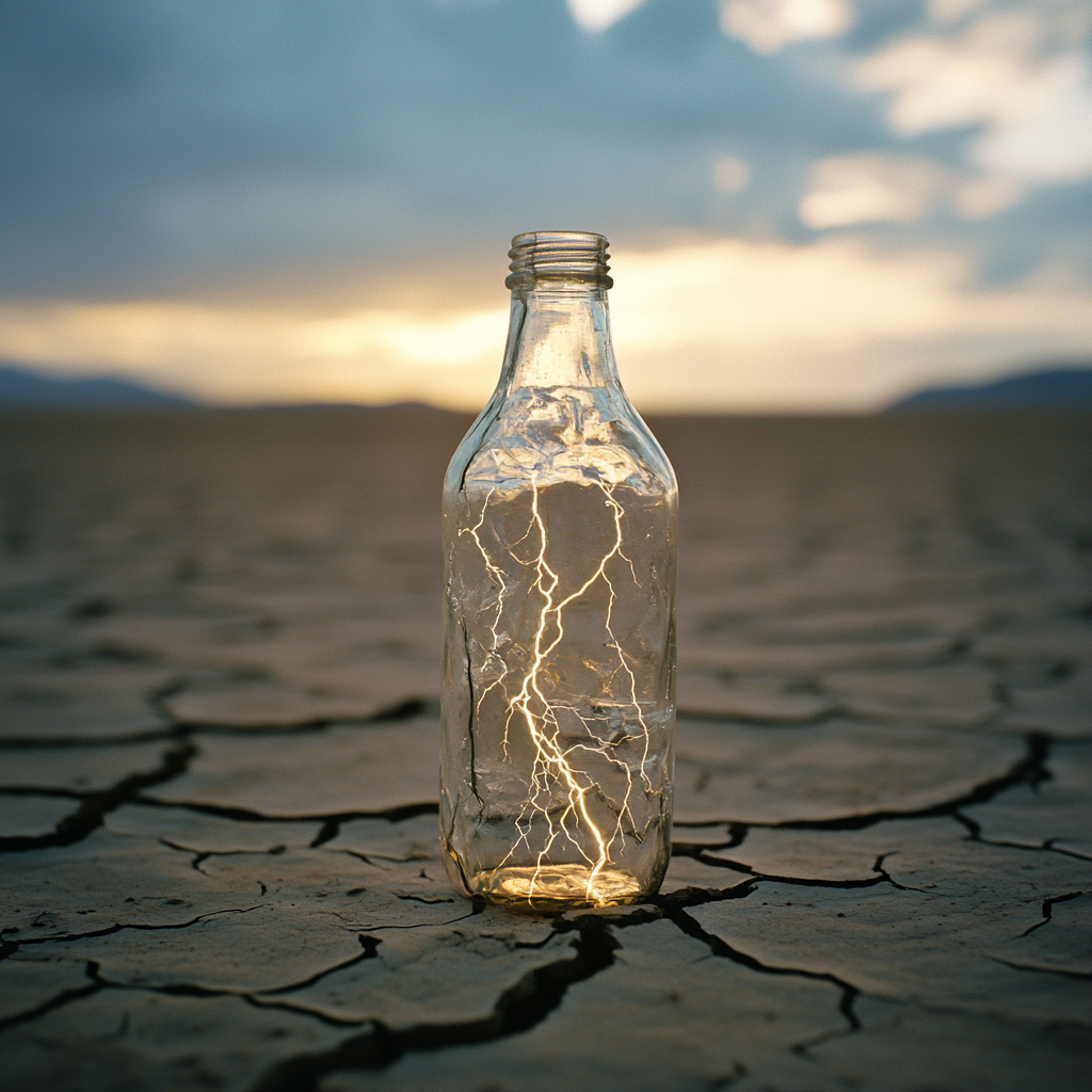 Worrisome lightning trapped in a bottle on dry land.