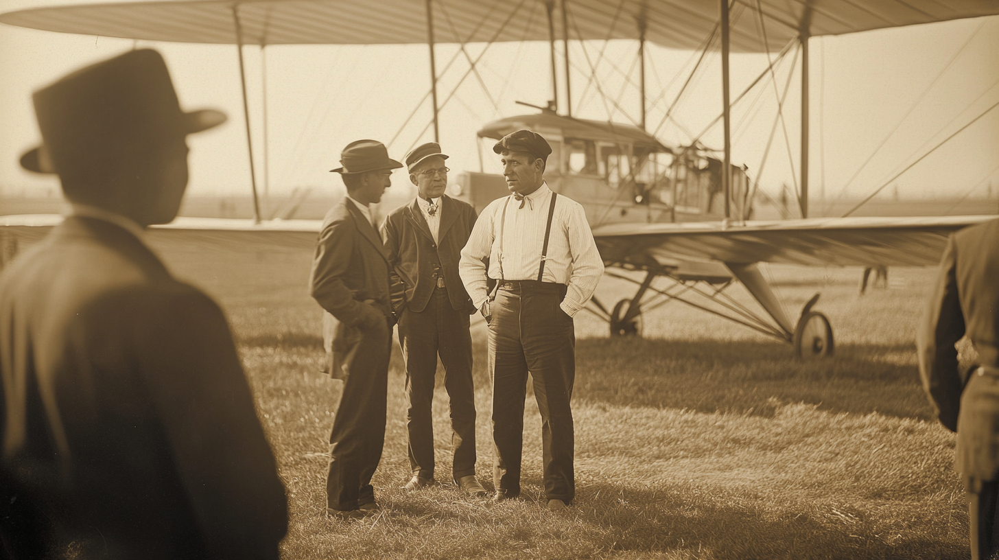 Wright Brothers discussing flight plans with team, historical photo