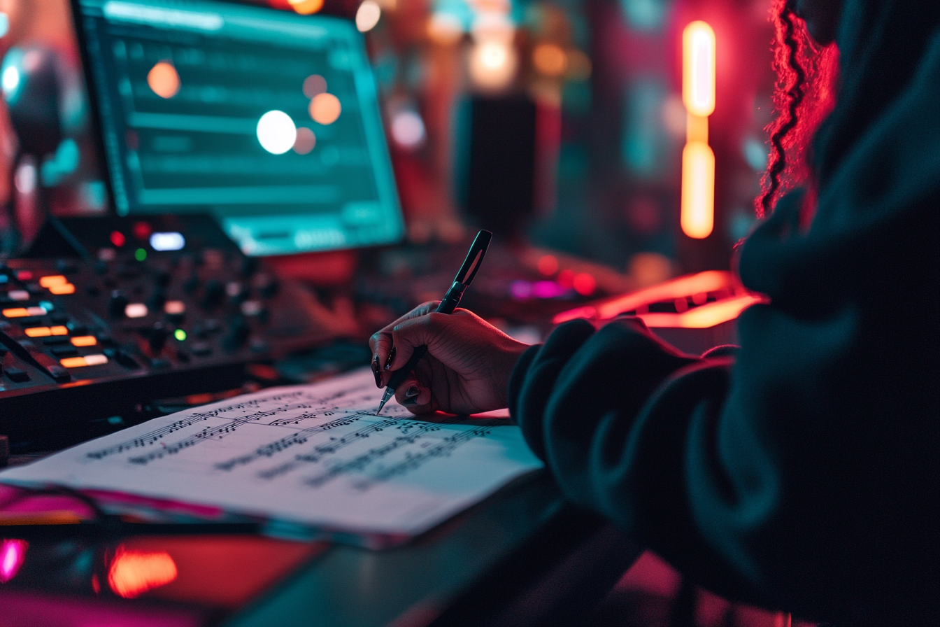 Writing sheet music at desk with neon lights.