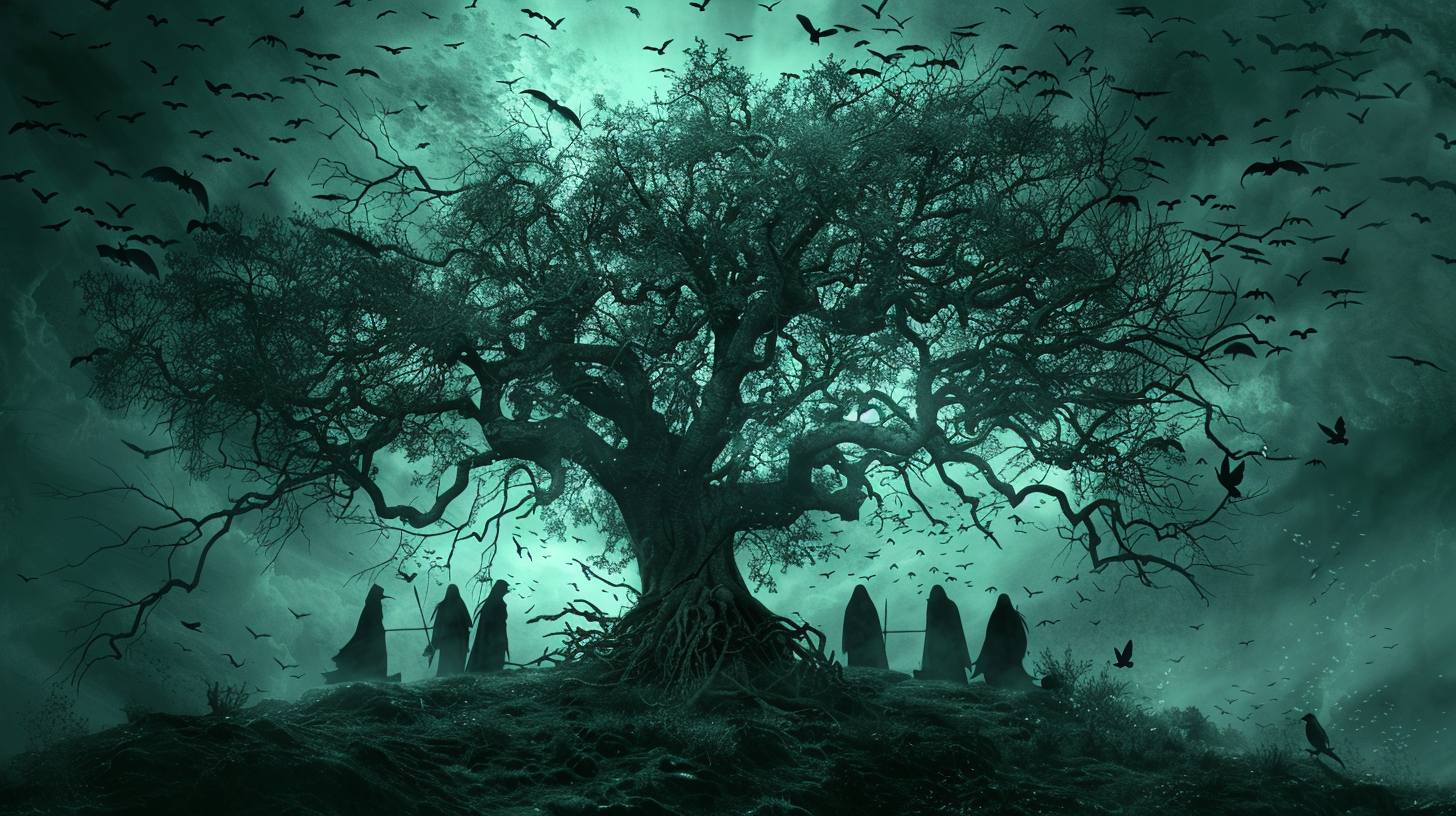 Wych Elm tree with raven leaves, coven in Dead Land.