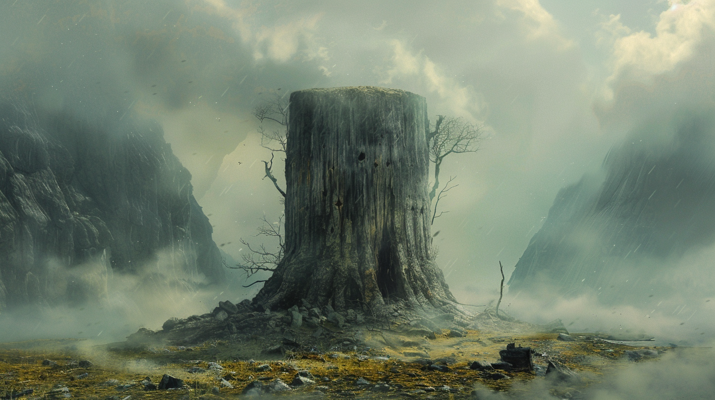 Wych elm tree stump in foggy crossroads, fantasy art.