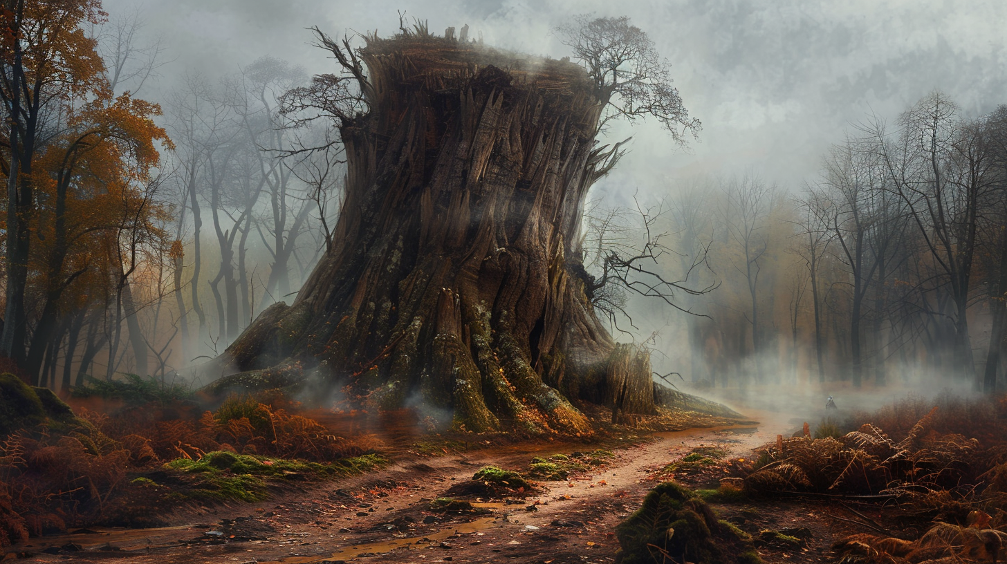 Wych elm tree stump in foggy forest crossing.