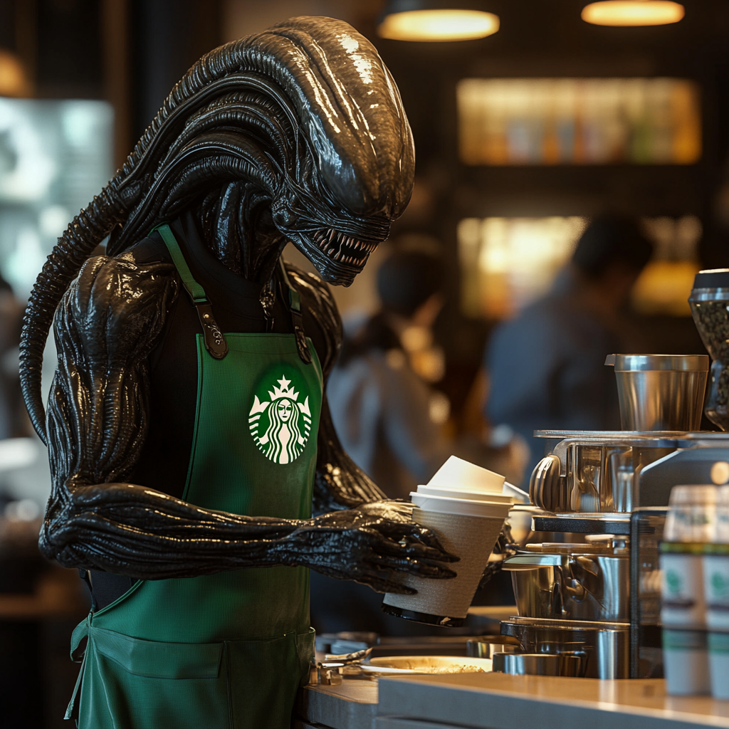 Xenomorph barista serving coffee to corporate office workers.