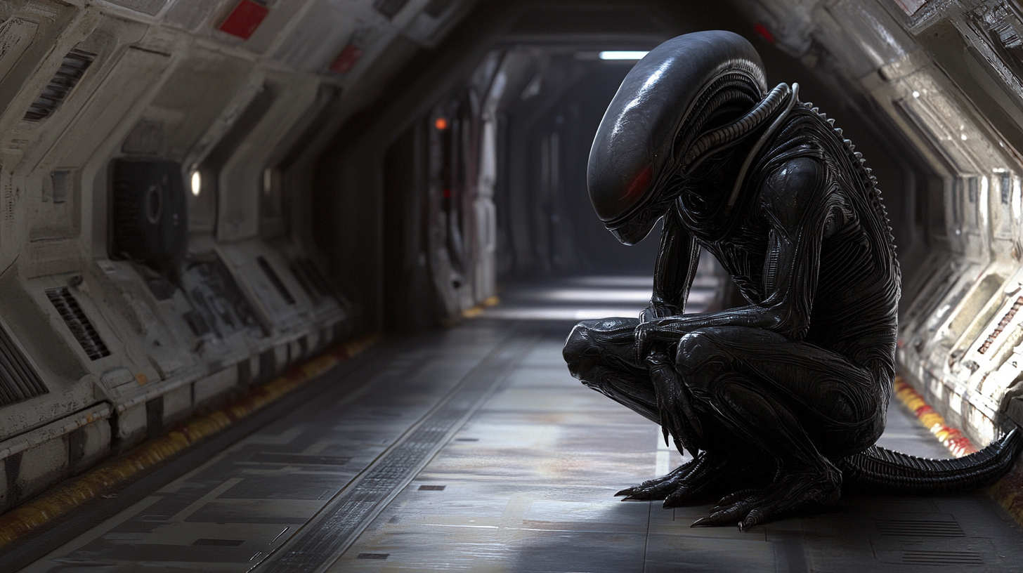 Xenomorph crouching in spaceship corridor, resembling first movie.