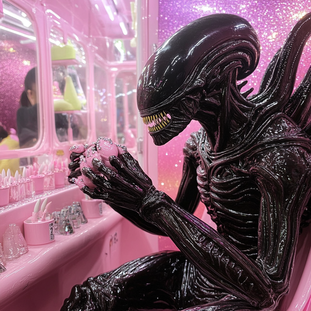 Xenomorph getting nails done with diamonds in pink salon.