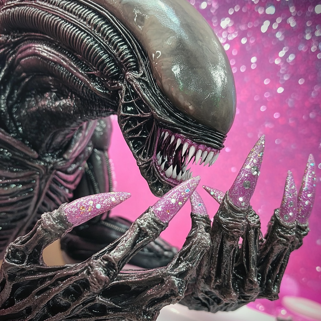 Xenomorph getting pink nails in sparkly pink salon.