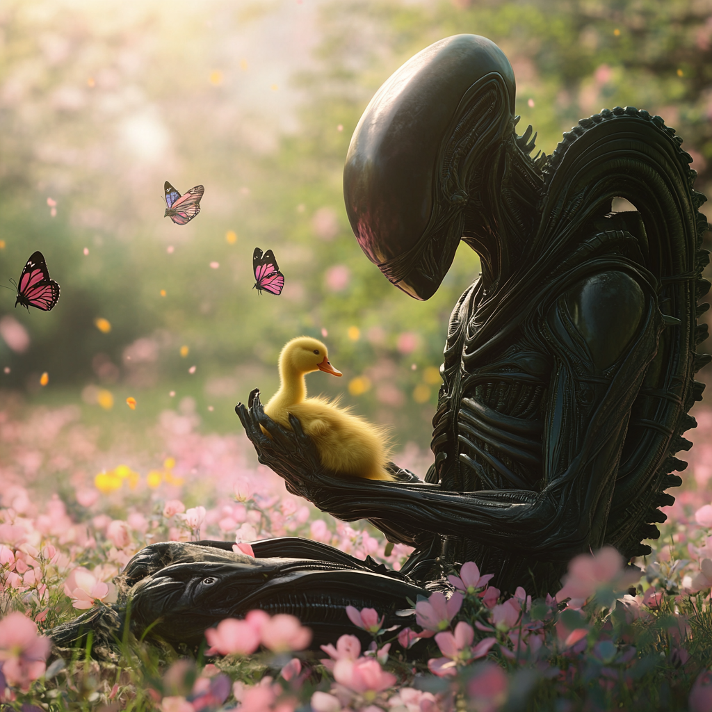 Xenomorph holding baby duck in flowery meadow, sunny day.