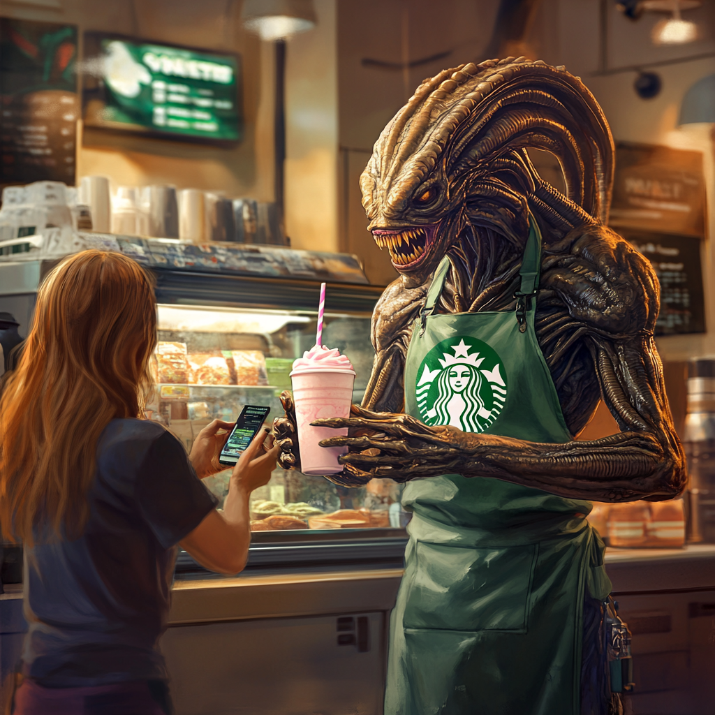 Xenomorph in Starbucks uniform serving unicorn frappuccino, customer distracted.