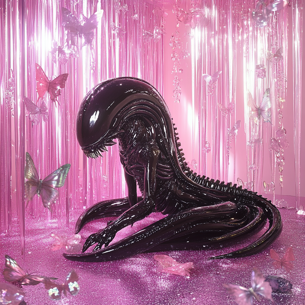 Xenomorph photoshoot in a pink sparkly room.