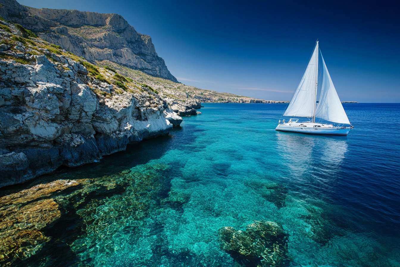 Yacht sailing in Cyclades with glistening sea.