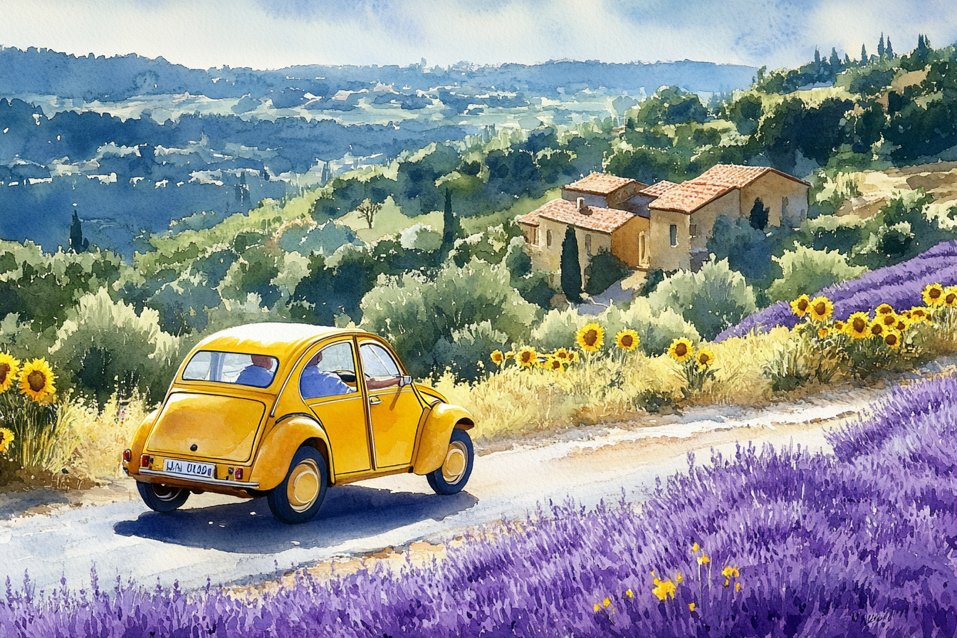 Yellow Citroen 2CV drives in Provence, France, sunflowers.