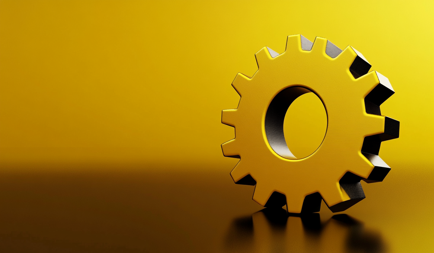 Yellow Gear Icon on Reflective Surface with Digital Theme