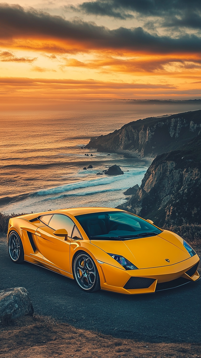 Yellow Lamborghini on cliff with ocean waves and sunset.