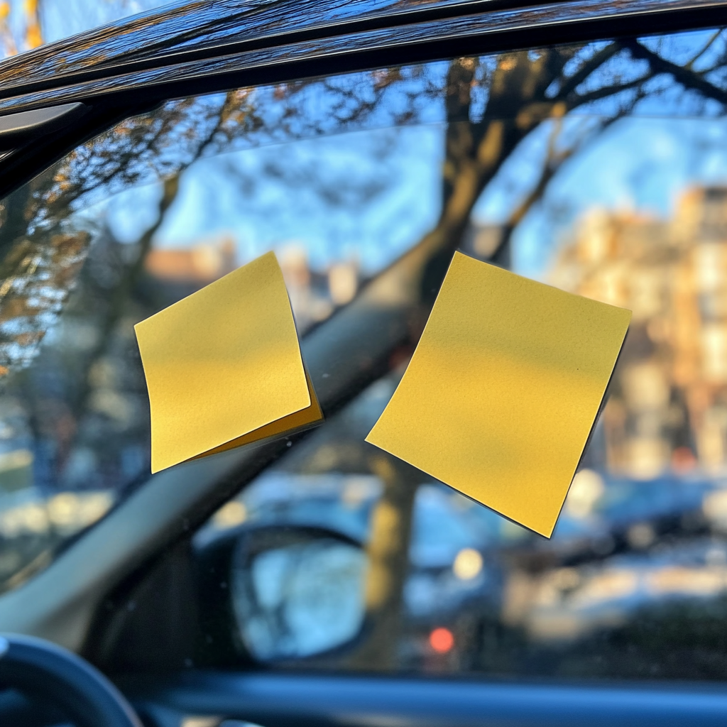 Yellow Post-It Notes on Nissan Juke Windshield 