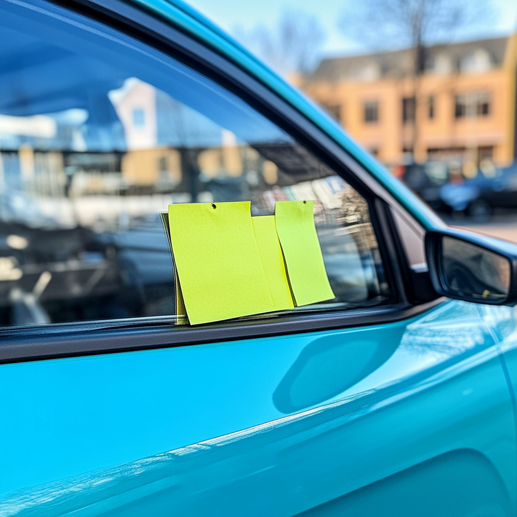 Yellow Post-It Notes on Vauxhall Mokka Car Window 