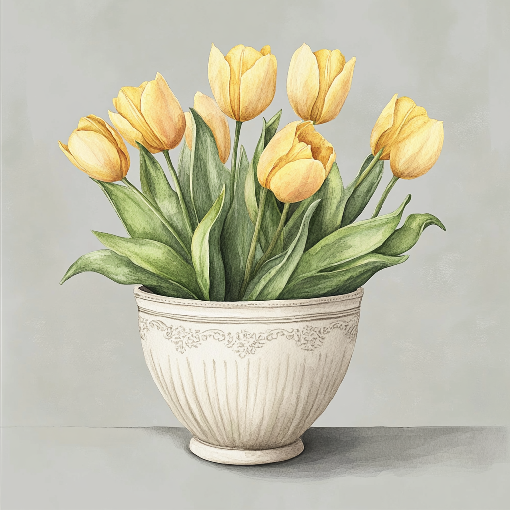 Yellow Tulips in Beautiful Pot, Watercolor Illustration