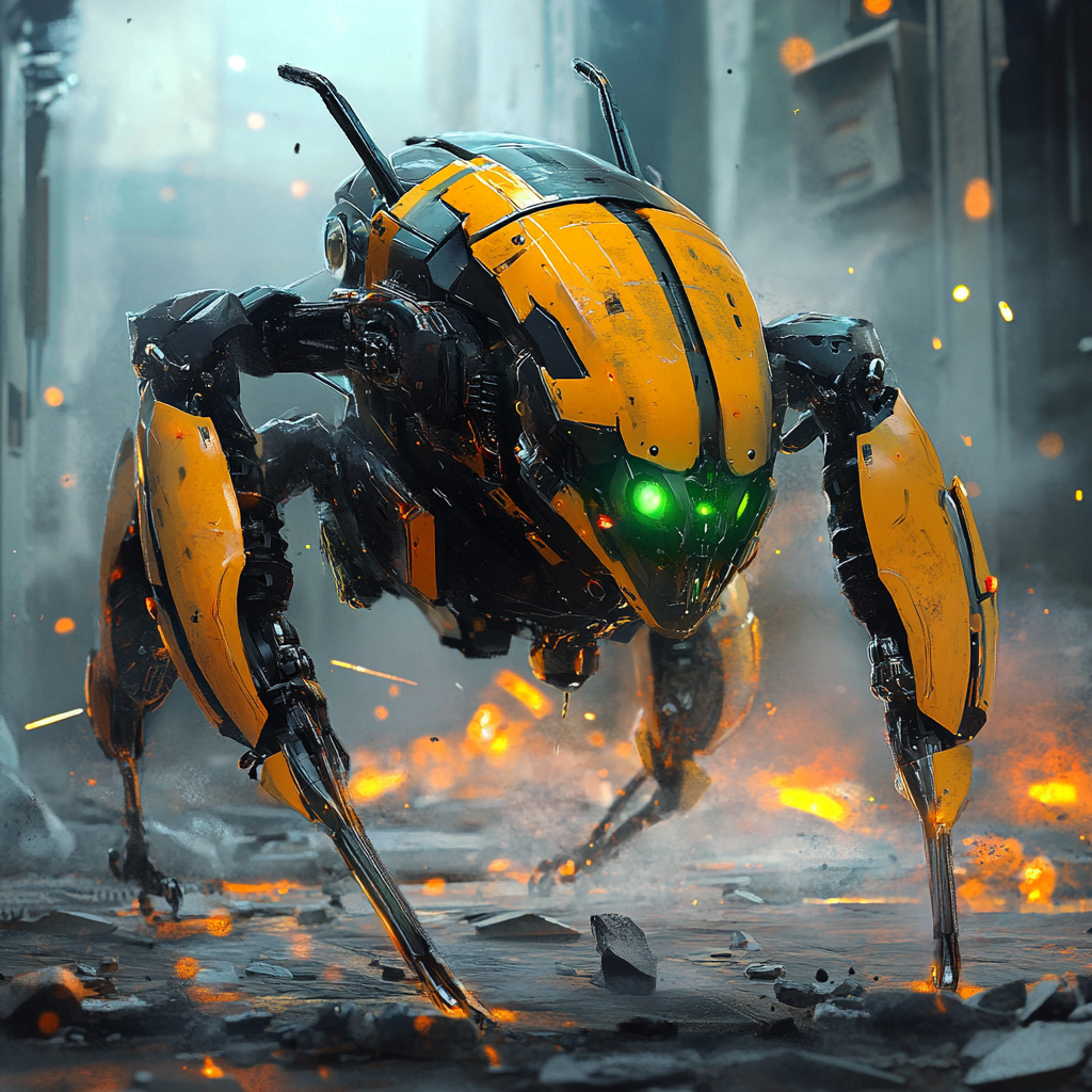 Yellow and black battle robot with beetle head and cannons.