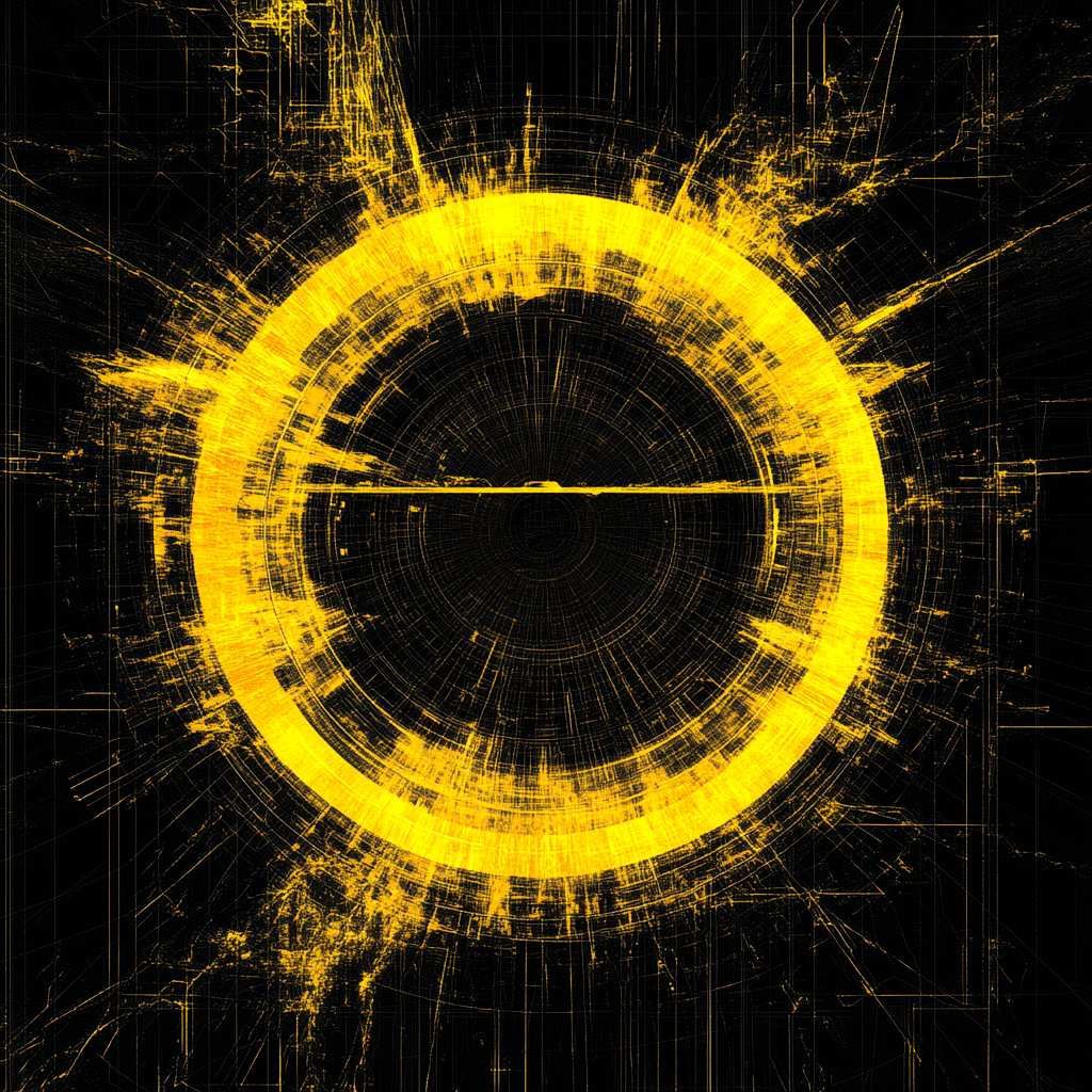 Yellow and black futuristic digital art cycle symbol.