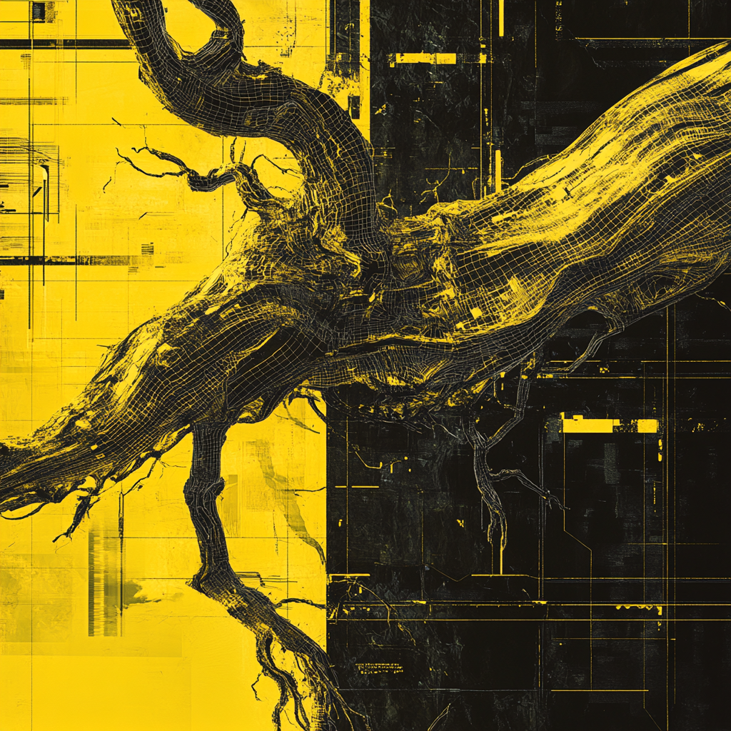 Yellow and black futuristic digital art of tree trunk.