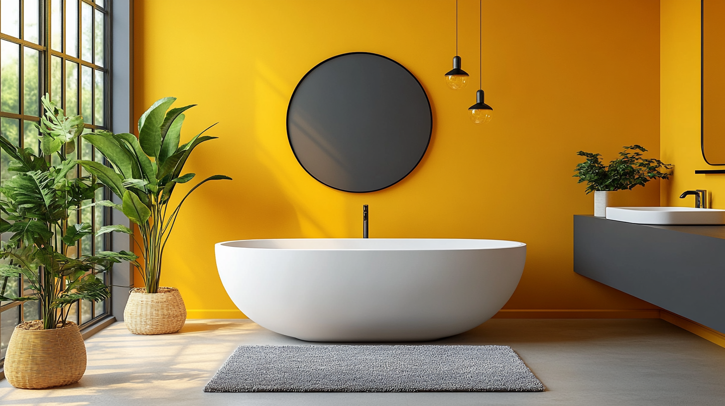 Yellow bathroom with grey and navy elements, inviting warmth.