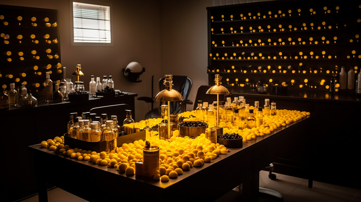 Yellow beauty lab with black beakers in sunlight.