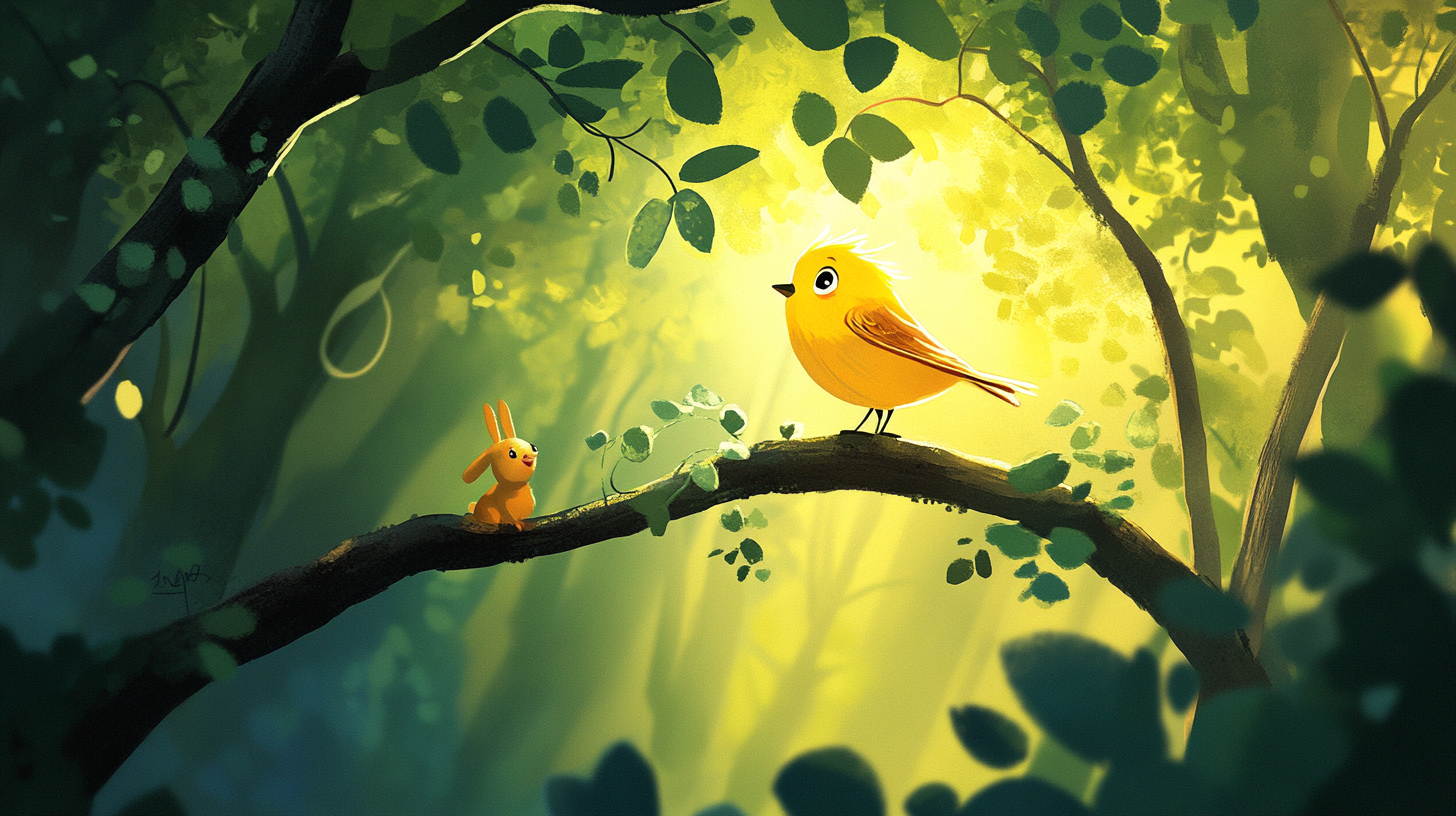 Yellow bird singing on high branch with Red Riding Hood.