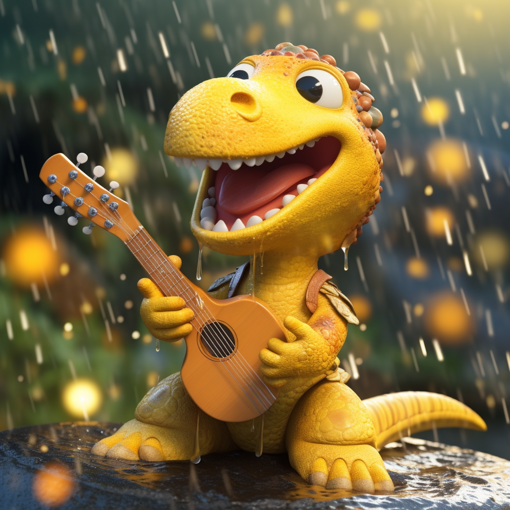 Yellow child dinosaur with big eyes in stormy clay animation.