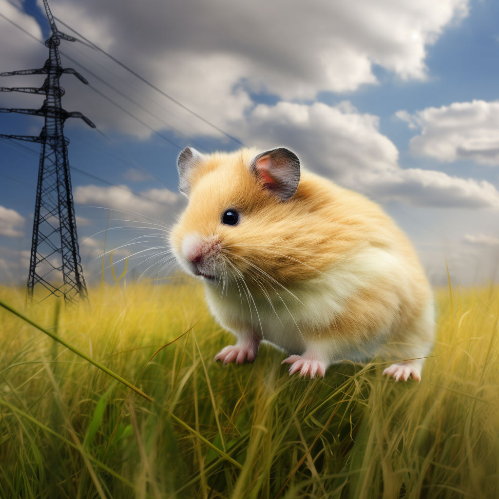 Yellow hamster with electric tail in grassy field.