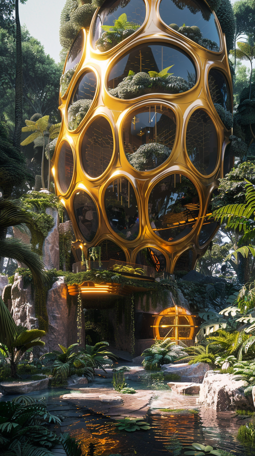 Yellow honeycomb-shaped futuristic building, surrounded by lush plants.