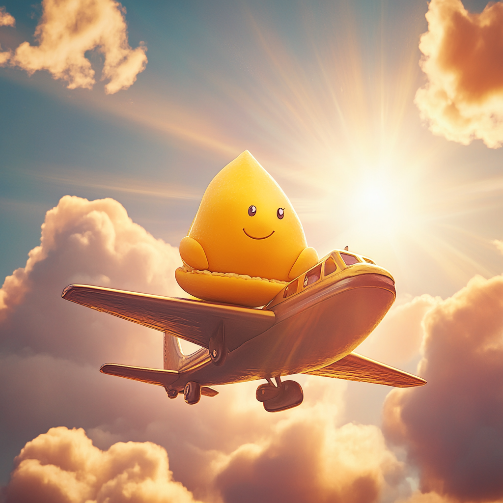 Yellow modak on flying airplane in sunny sky.