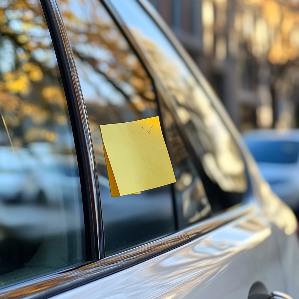 Yellow post-it notes on car window in Manchester parking lot