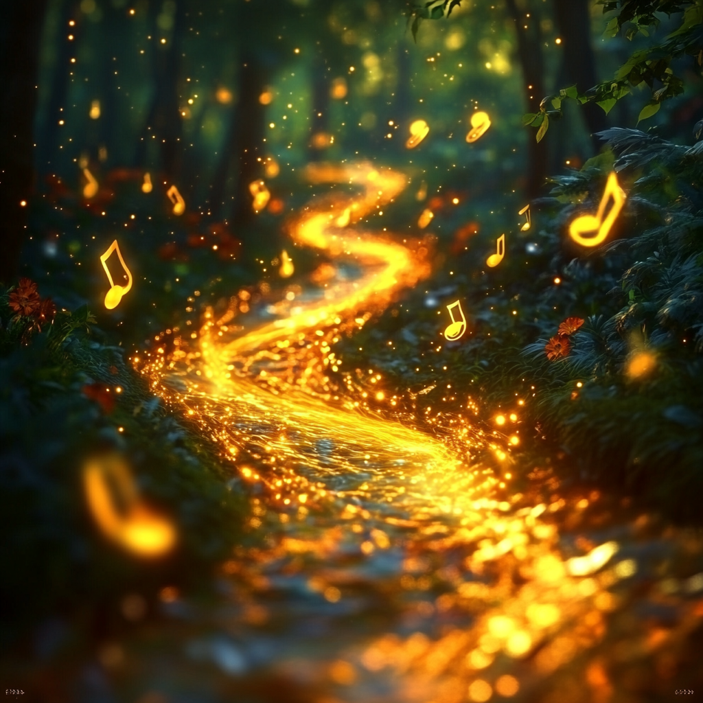 Yellow sunbeams and music notes winding through green forest.