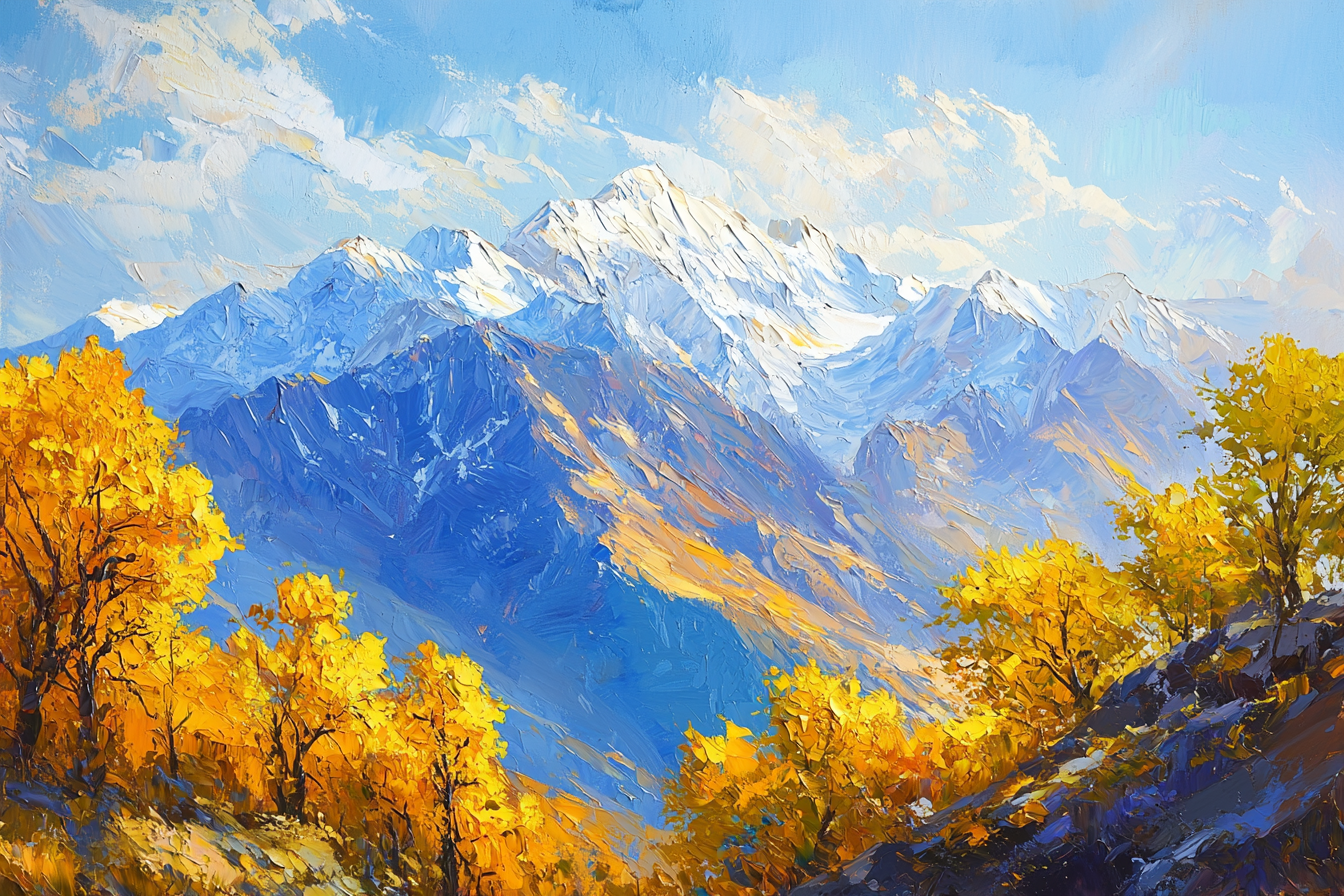 Yellow trees painted with scraper on mountains, sun shining.