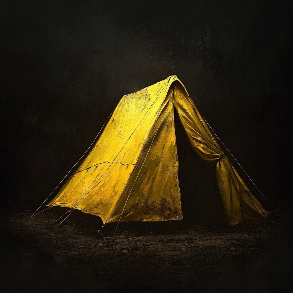 Yellow worn tent highlighted by bright lighting. Stand out.