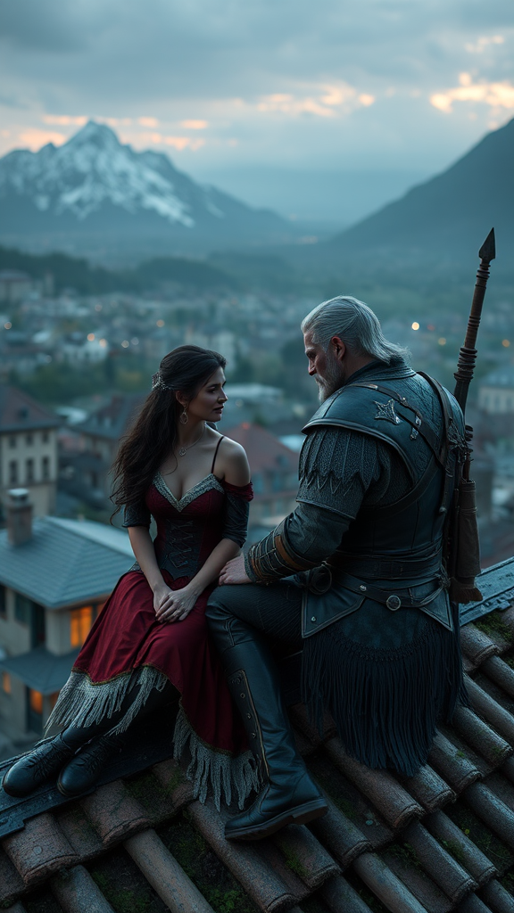 Yennifer and Geralt sit on rooftop together.