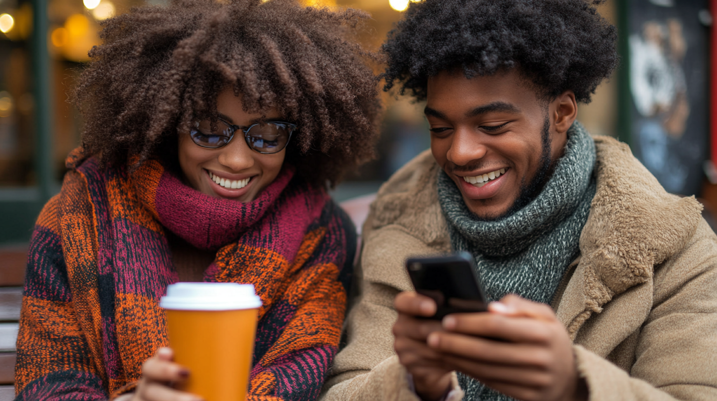 Young Afro-African people looking at cell phone happily.