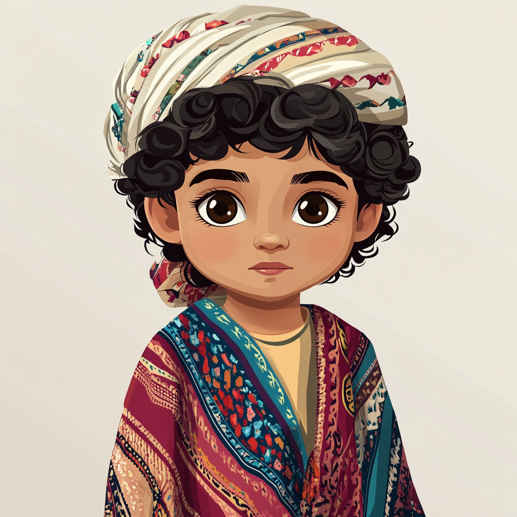 Young Arab boy in colorful traditional robe and keffiyeh.