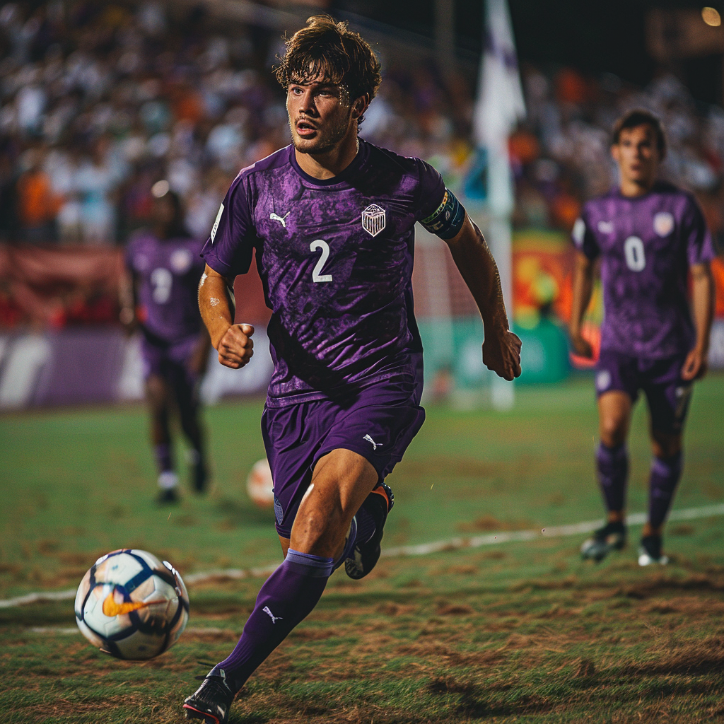 Young Argentinian athlete in purple Fiorentina kit running passionately.