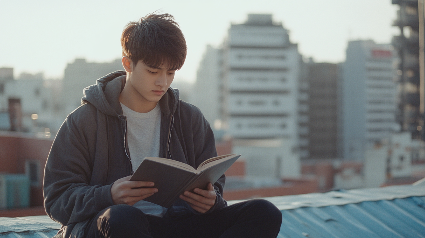 Young Asian Man Reading Book on Sunny Rooftop