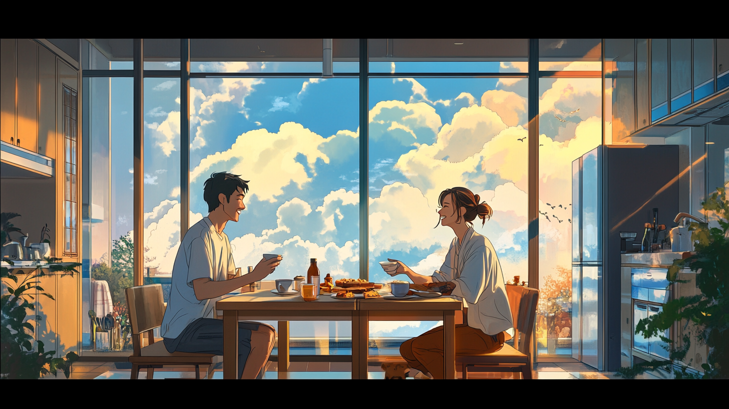 Young Asian couple having conversation over breakfast. Shiba inu.