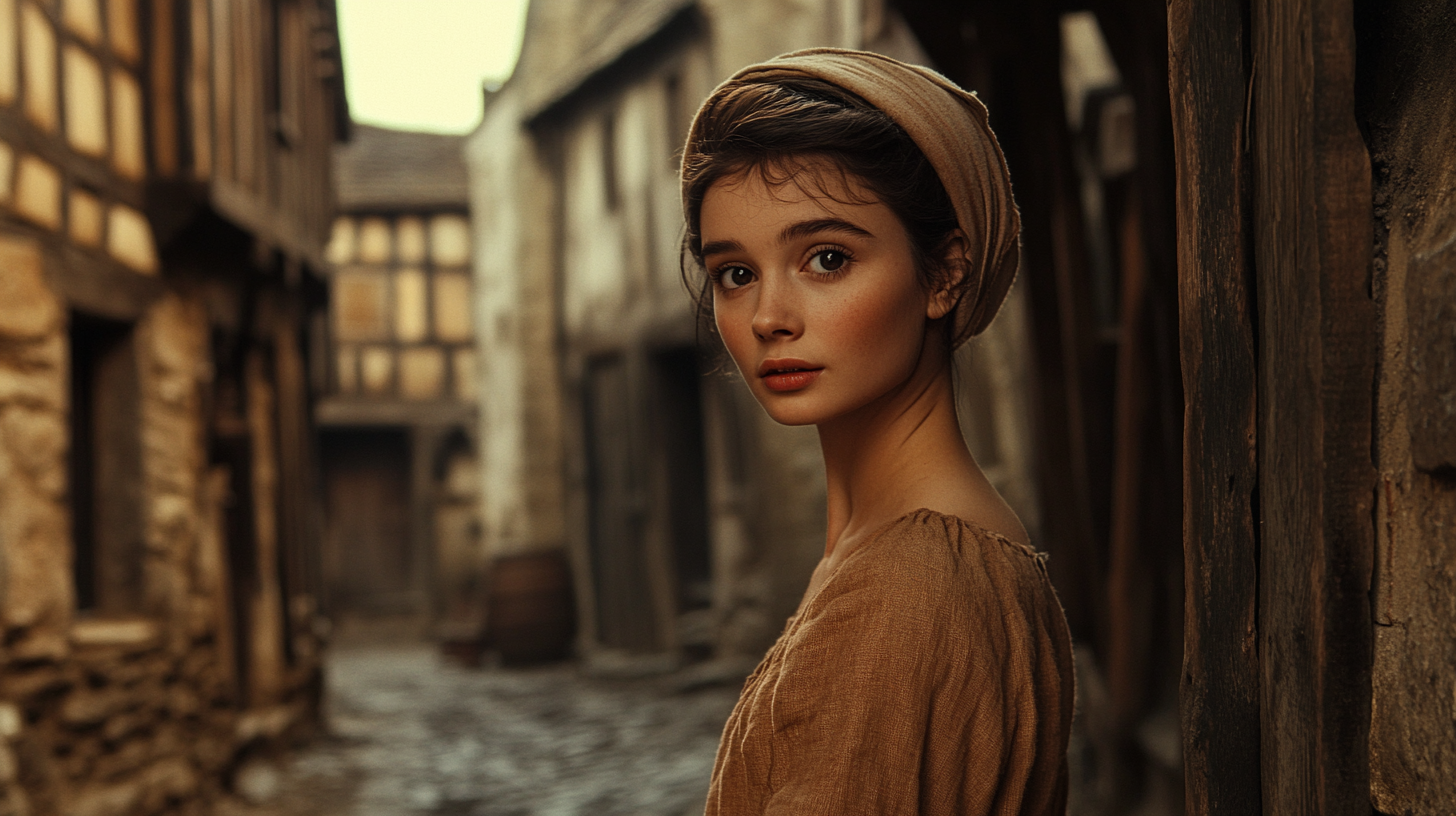 Young Audrey Hepburn lookalike in medieval Bree setting.