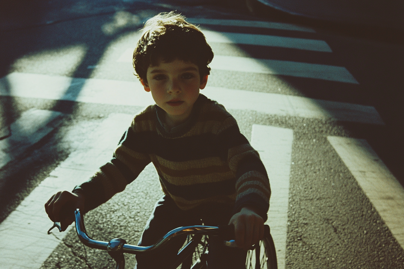 Young Boy Determinedly Biking Through Crossing