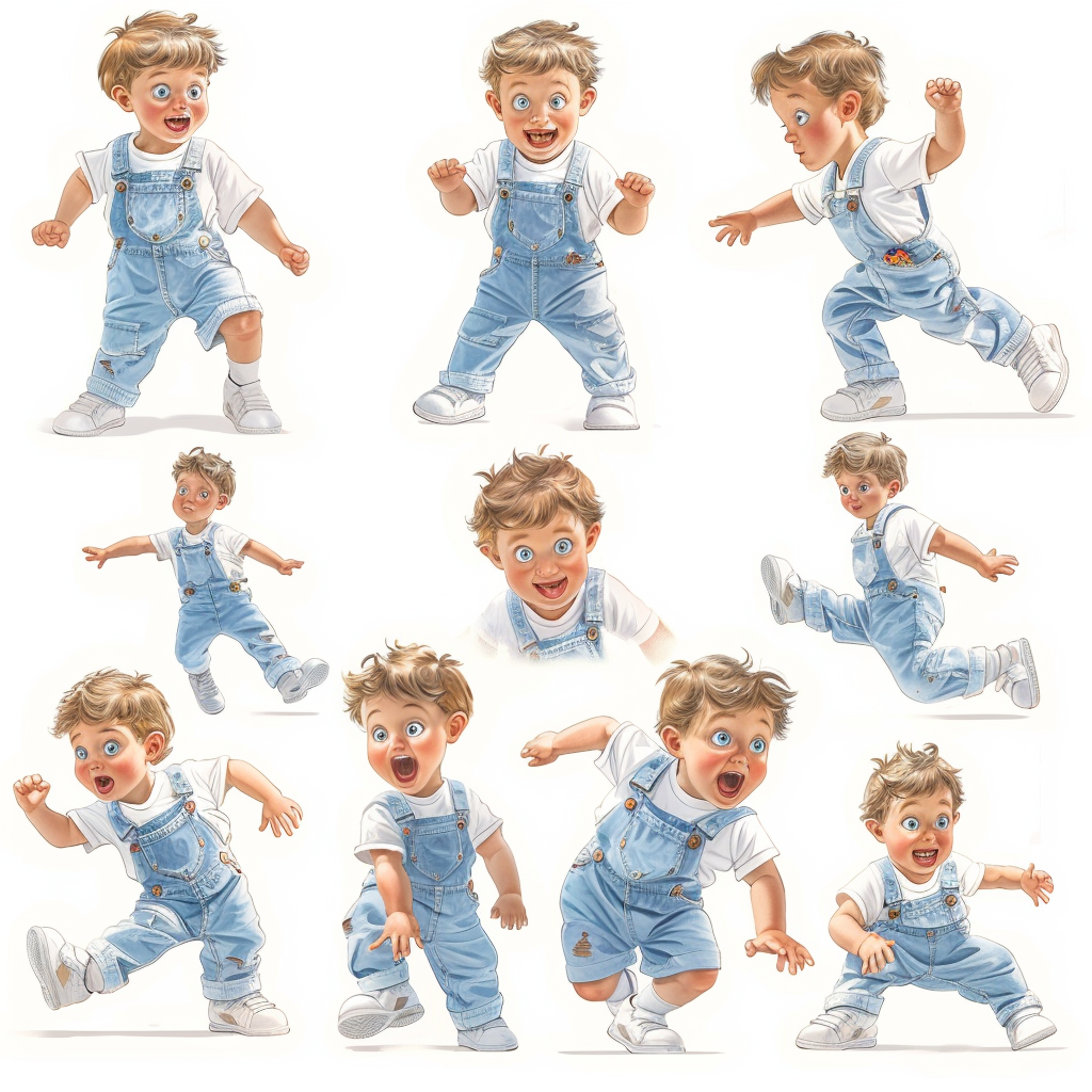 Young Boy in Overalls: Running, Smiling, Scared.